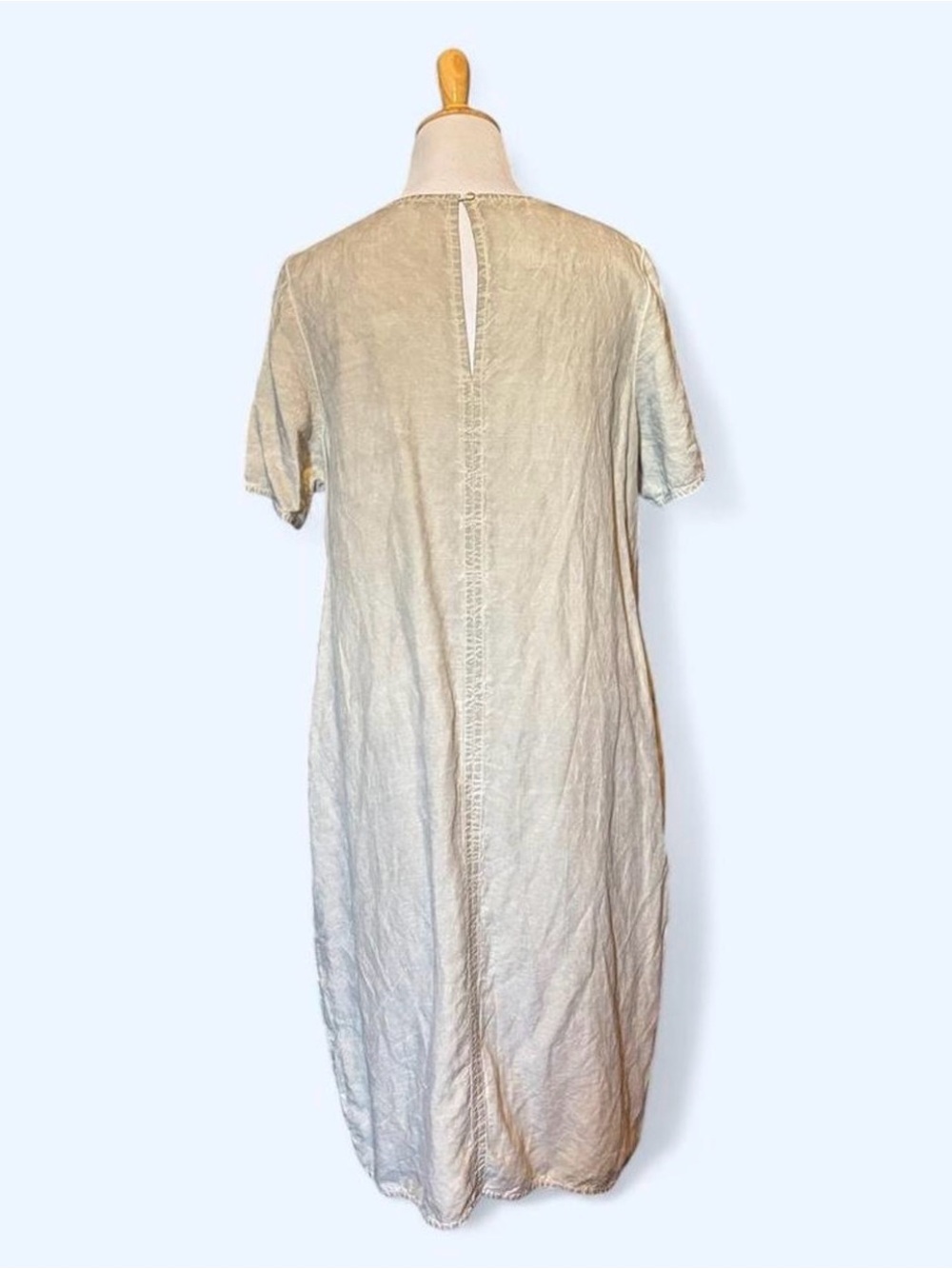 GRIZAS Silk Linen Balloon Dress L Beige Taupe Short Sleeve Pockets Crinkle Midi - Picture 2 of 6